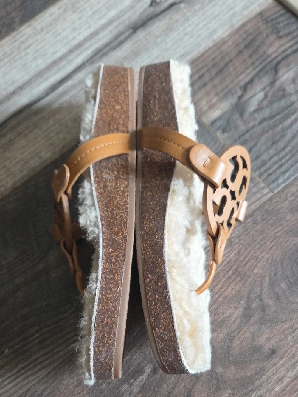 Tory Burch Camel Leather Logo Shearling Slide Sandals